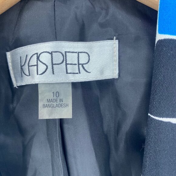 Kasper Blazer Womens 10 Blue Black Pattern Stretch 3/4 Sleeve Shawl Lapel Jacket - Picture 5 of 10